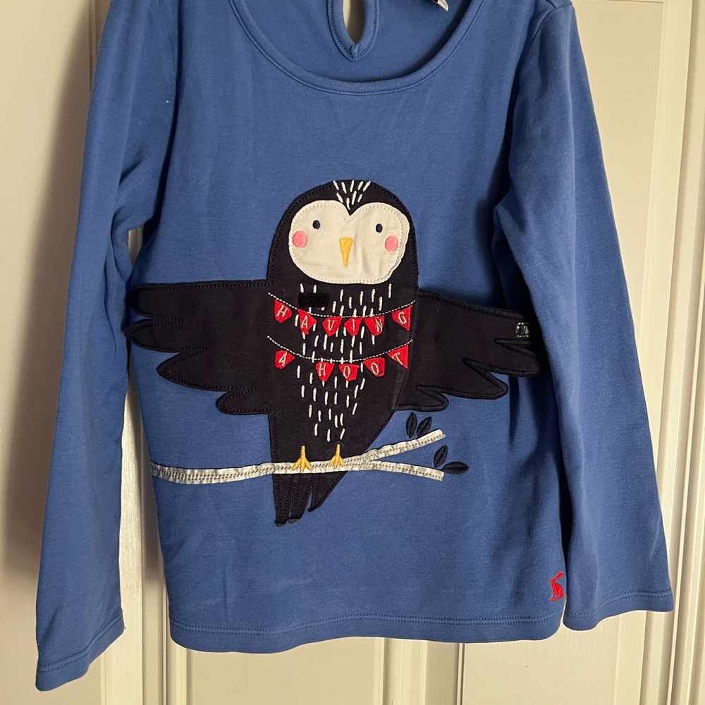 Joules Blue Long-Sleeve Top with Owl Appliqué